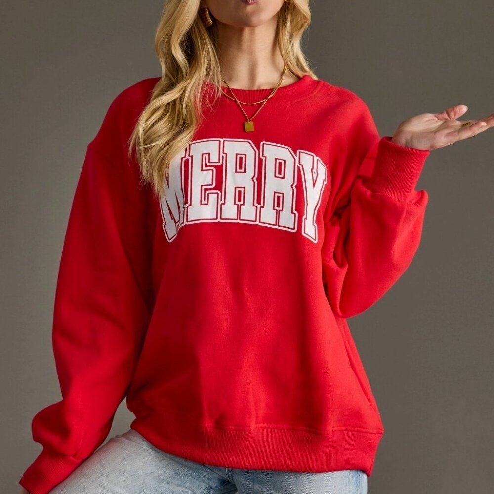 Merry Red Graphic Sweatshirt | Women's Pullover | Christmas Top | Festive Style - Picture 5 of 6